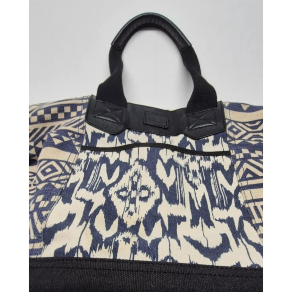 Tom's blue/tan patterned canvas toteโ bag zipper closure pockets travel